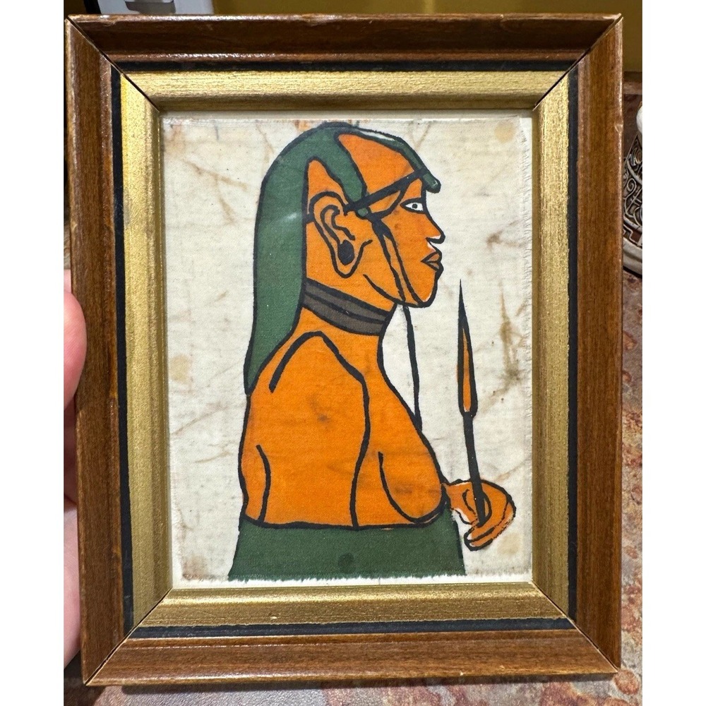 Vtg Framed Native American Warrior Portrait Print Holding Spear Small Portrait